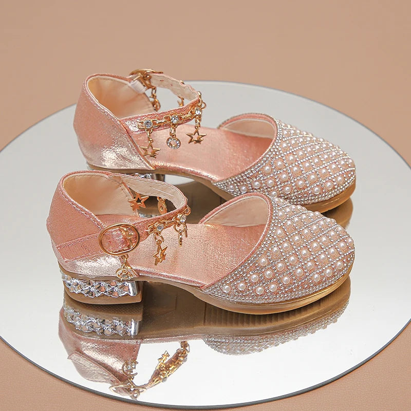 Girls Dress Shoes for Wedding Party Glitter Rhinestone with Pendants Shiny Glitter Fashion Princess Kids Leather Shoes High Heel