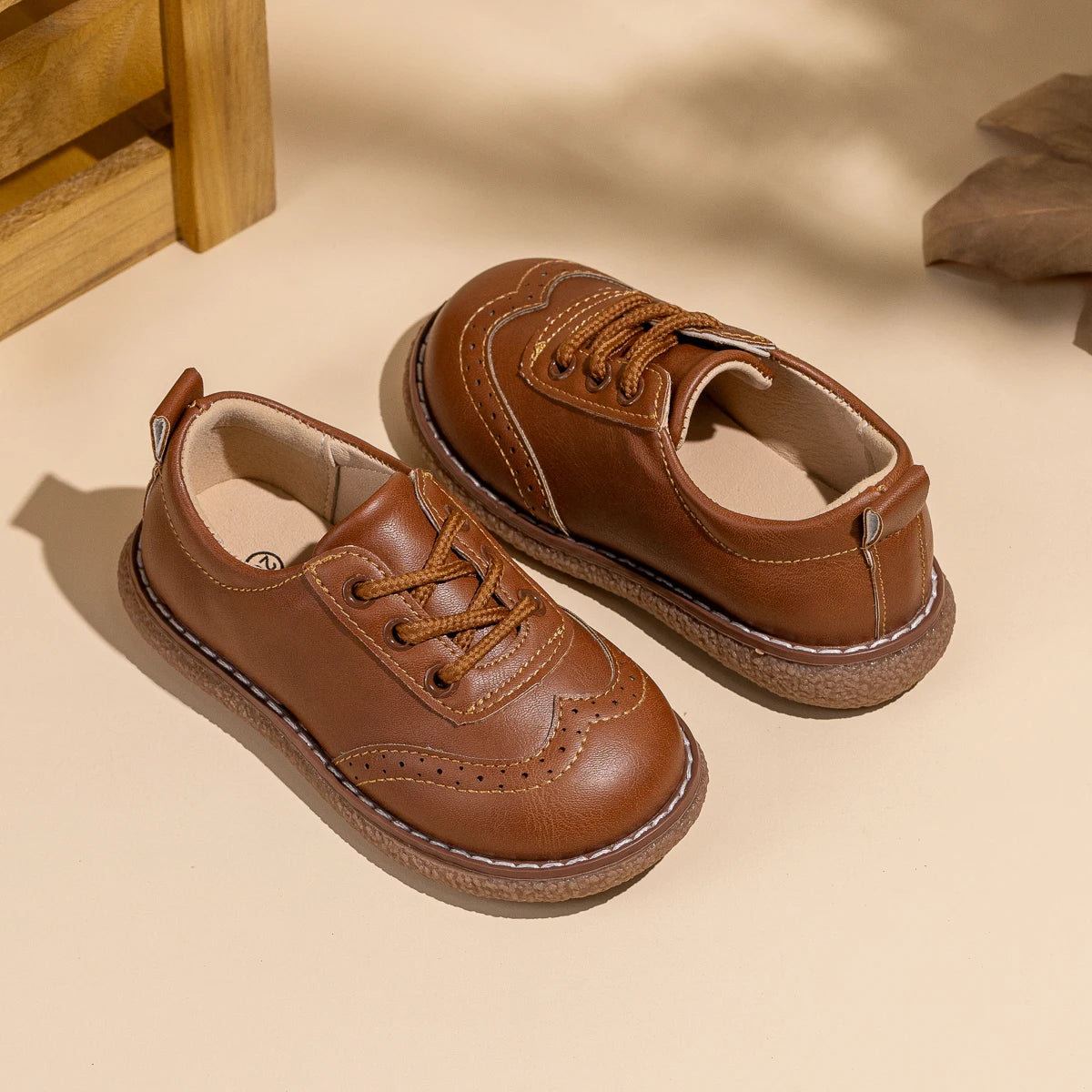 KIDSUN Children Retro Casual Leather Shoes Comfortable Breathable Rubber Soft Anti-Slip Flat Sole Lace Up Solid Color Flats Shoe