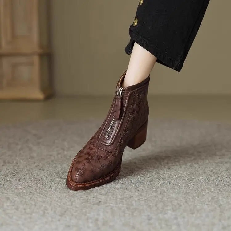 Women's Short Boots New Autumn Winter Zipper Vintage Chunky Heel Middle Heel Shoes Comfortable Warm Non Slip Fashion Boots