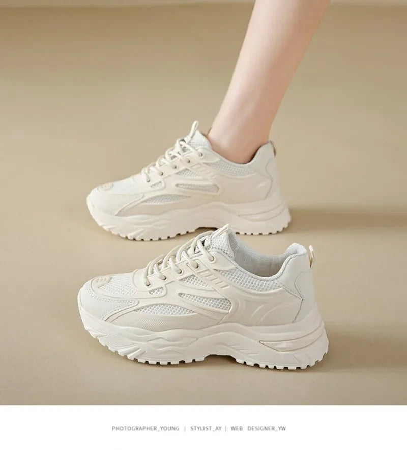 White Sneakers Women New Leather Chunky Sneakers Women's Sports Shoes Thick Tennis Vulcanized Shoes Basket Platform Shoes