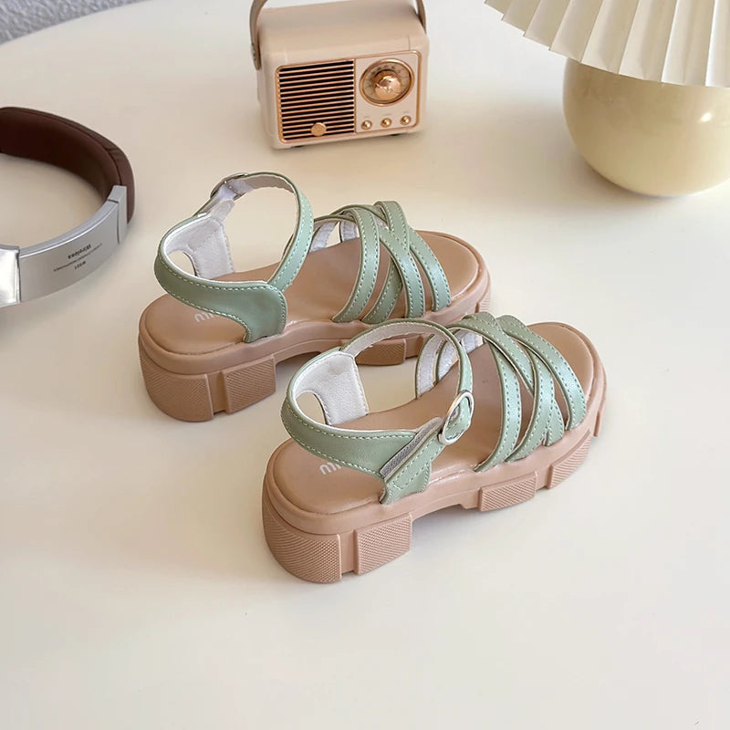 Girls Sandals 3-18 Years Old Beige Open-toe Woven Kids Beach Shoes Summer New Green Fashion Hundred Children's Sandals Shoes