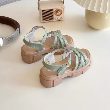 Girls Sandals 3-18 Years Old Beige Open-toe Woven Kids Beach Shoes Summer New Green Fashion Hundred Children's Sandals Shoes