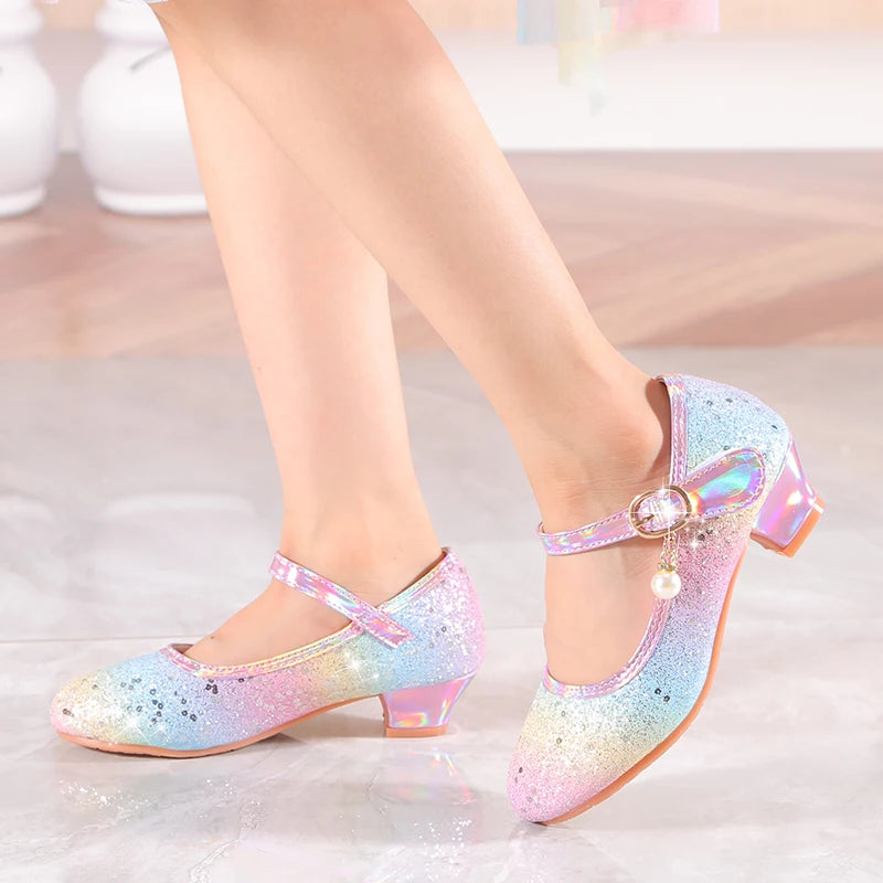 YUNICUS Girls High Heels Princess Shoes Students Children's Single Shoes Little Girl Performance Sequins Glitter Leather Shoes