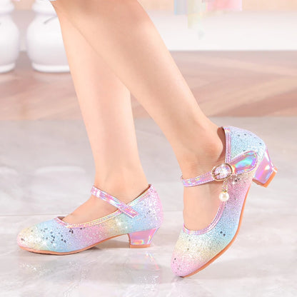 YUNICUS Girls High Heels Princess Shoes Students Children's Single Shoes Little Girl Performance Sequins Glitter Leather Shoes
