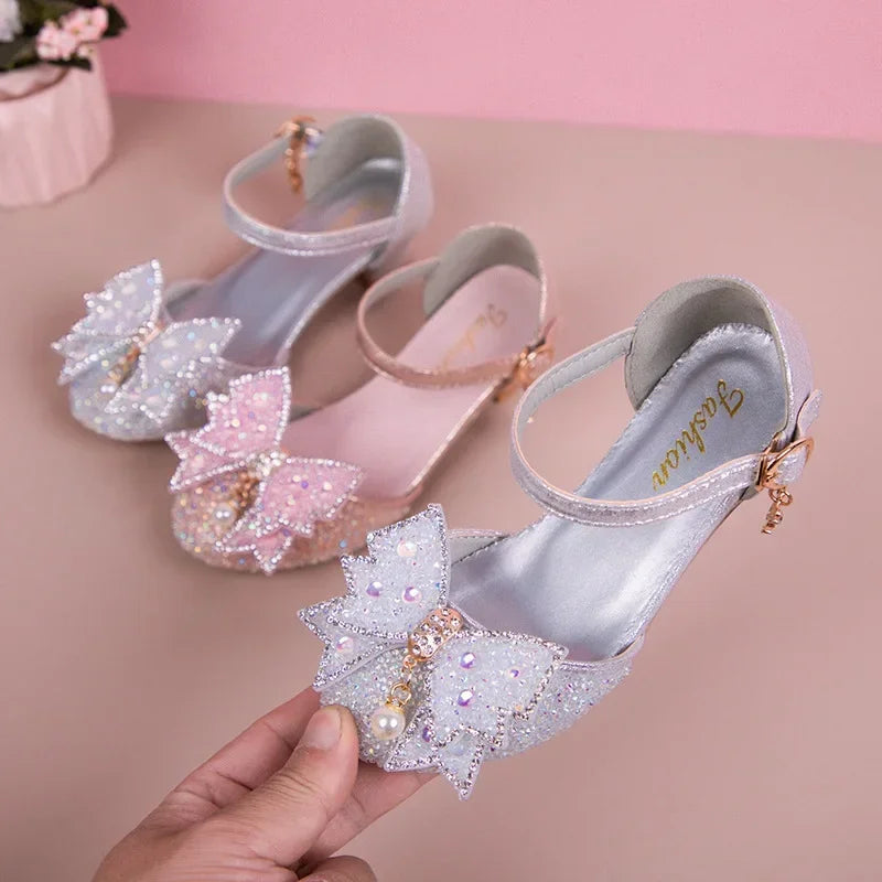 Girls Princess Shoes High Heels for Wedding Party Kids Dance Shoes Sweet Bows 2025 Summer New Children Half Sandals Shiny Sequin