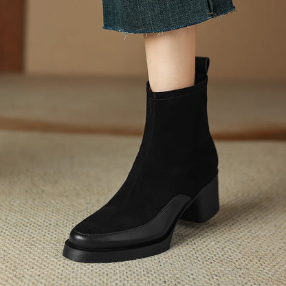New Women's Short Boots Genuine Leather Retro Chunky Heel High Heel Boots Female Large Size Pointed Toe Women Ankle Boots