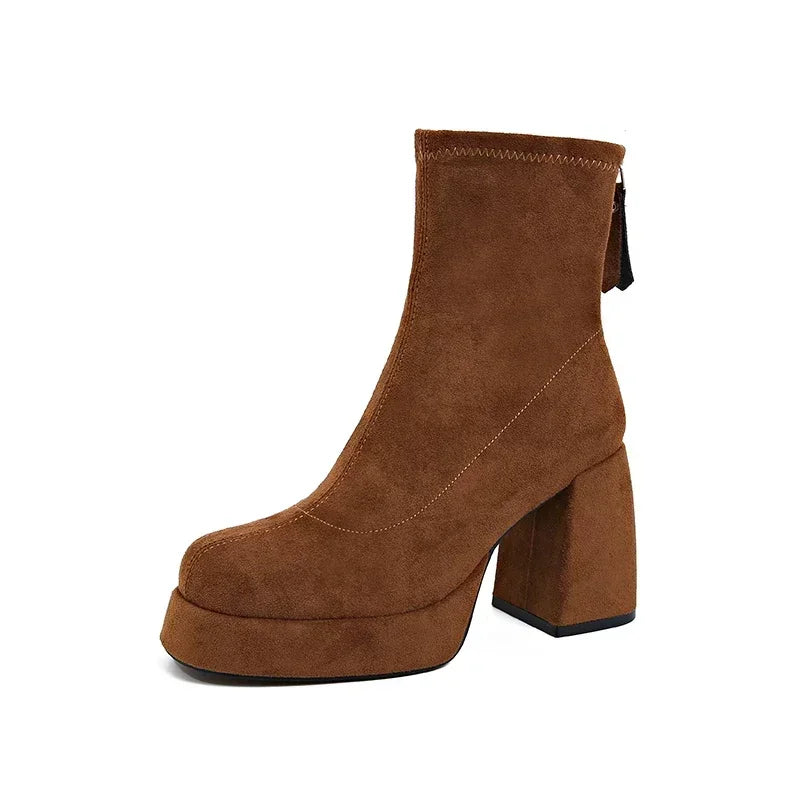 Women's Fashion High-heeled Boots Winter New British Style Soft Sole Anti-slippery Catwalk Versatile Keep Warm Leather Shoe
