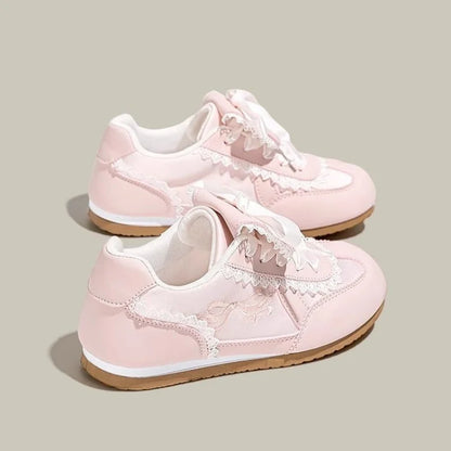 Girly Dopamine Pink Sneakers 2025 Fall New Women's Lightweight Ballet Flats Round Toe Lace Detail White Casual Walking Shoes