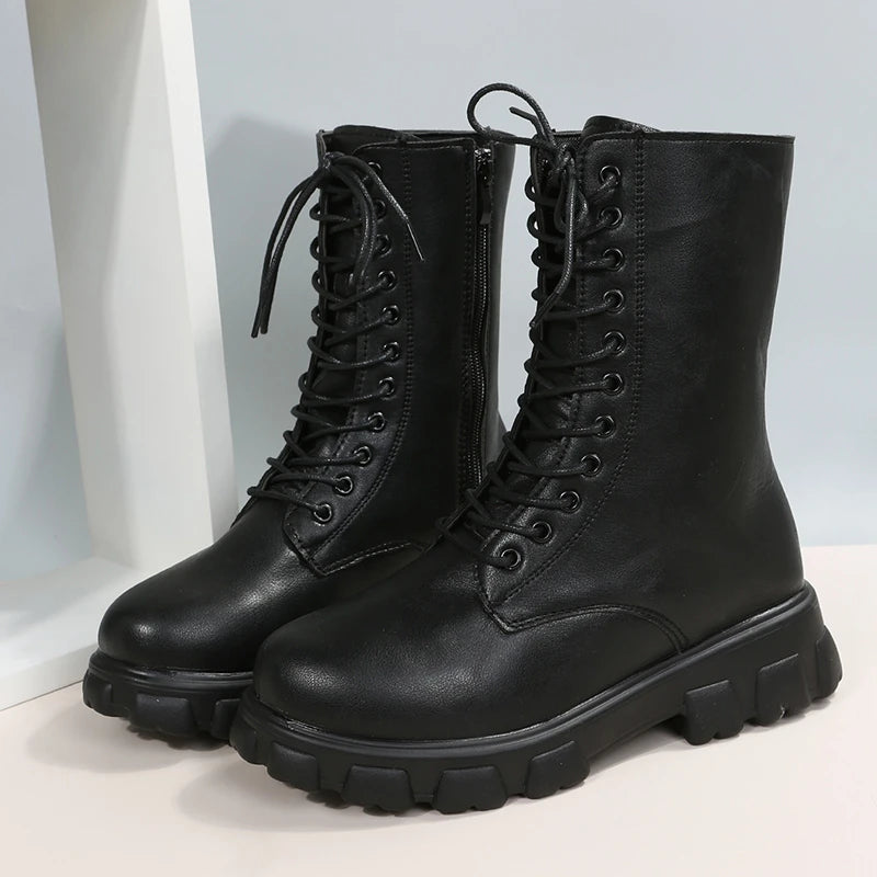 Boots Women Autumn Winter PU Leather White Ankle Boots Motorcycle Botines Female Chunky Heels Platform Boots Botas Mujer