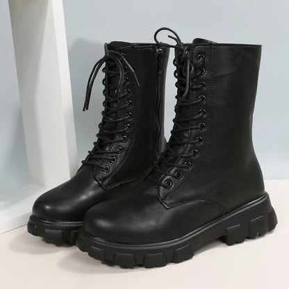 Boots Women Autumn Winter PU Leather White Ankle Boots Motorcycle Botines Female Chunky Heels Platform Boots Botas Mujer