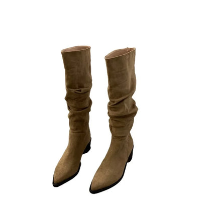 Women's Suede High-heeled Boots for Autumn and Winter, New Plush Pointed Stacking Boots, Fashionable Outdoor Knight Boots