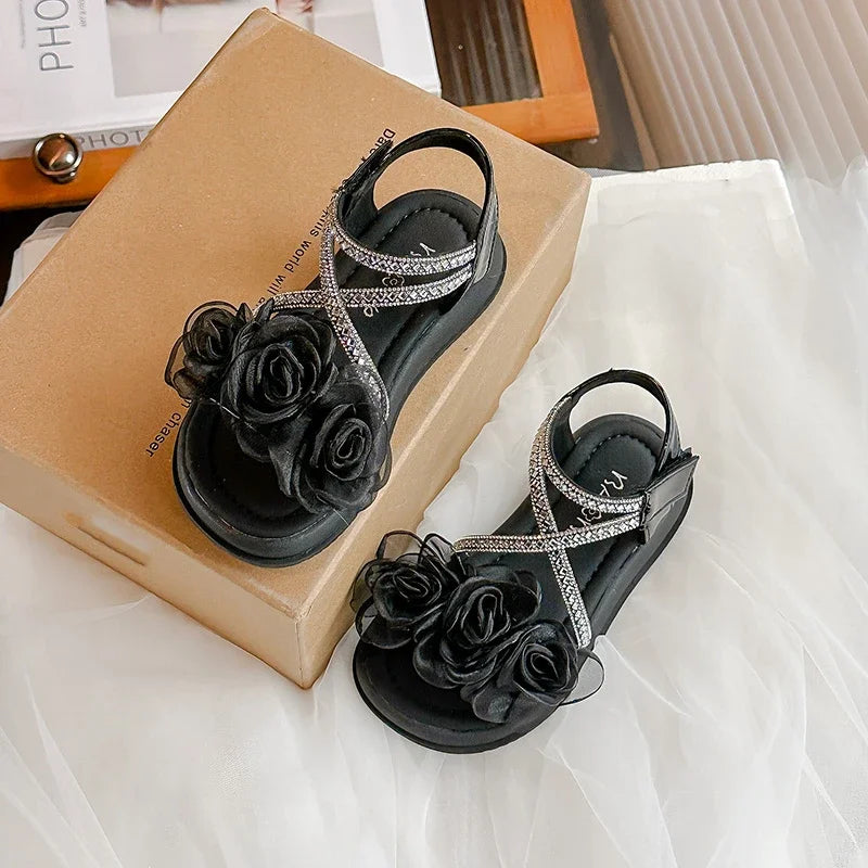 Girls Princess Sandals with Flowers Summer Fashion Children Rhinestone Performance Shoes Big Kids Gladiator Sandals 2025 New