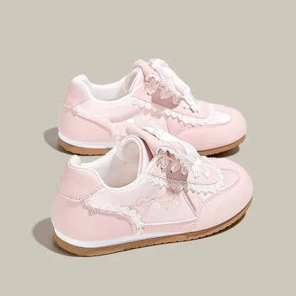 Girly Dopamine Pink Sneakers 2025 Fall New Women's Lightweight Ballet Flats Round Toe Lace Detail White Casual Walking Shoes