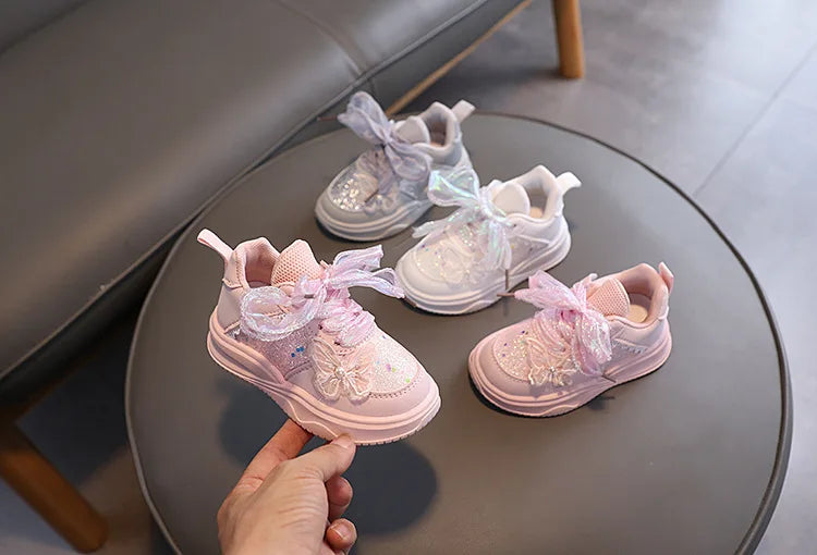 Baby Girl's Casual Sneakers for Spring Fall Shiny Sequins & Bow Ribbon Decor Sports Shoes Kids Skate Shoes