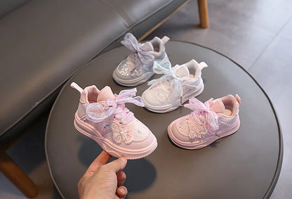 Baby Girl's Casual Sneakers for Spring Fall Shiny Sequins & Bow Ribbon Decor Sports Shoes Kids Skate Shoes