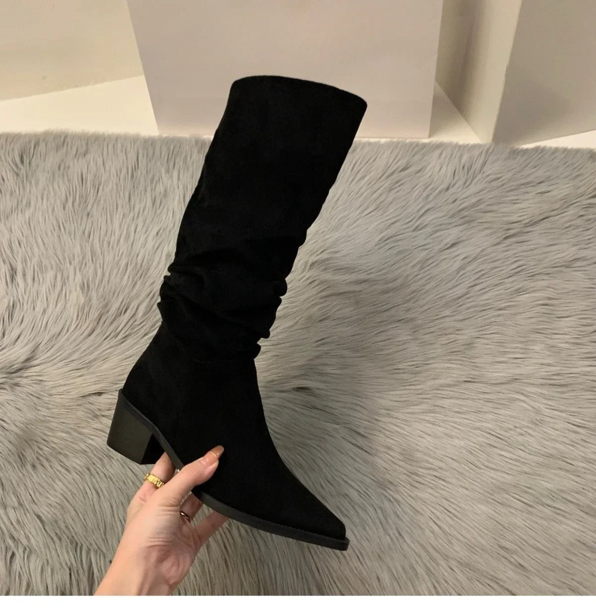 Women's Suede High-heeled Boots for Autumn and Winter, New Plush Pointed Stacking Boots, Fashionable Outdoor Knight Boots