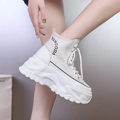 Women Sneakers High Top Platform Breathable Leather Shoes Autumn Ladies Wedges Casual Shoes For Woman Sports Dad Shoes 8CM