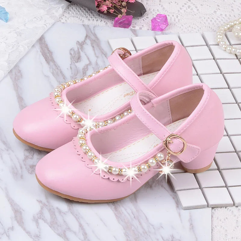 New Princess Kids High Heels Shoes Girls Wedding Dress Party Leather Shoes Children's White Shoes Performance Shoes for Students