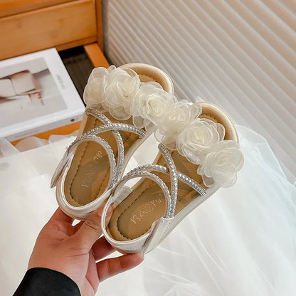 Girls Princess Sandals with Flowers Summer Fashion Children Rhinestone Performance Shoes Big Kids Gladiator Sandals 2025 New