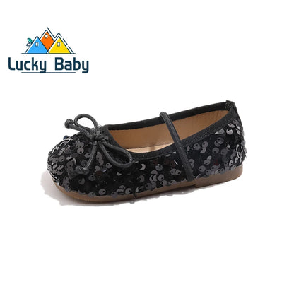 Girls Shoes Kids Glitter Leather Shoes for Wedding Stage Party Sequins Bling Shiny with Bow-knot Princess Soft Children's Flats