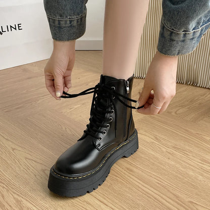Women's Boots New Genuine Leather Ankle Shoes Chelsea Botas Ladies Classic Punk Platform Shoes Women Casual High Heels Boots