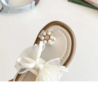 Summer Fashion Kids Platform Princess Shoes  Sandals Girls Rhinestone Straps Beach Shoes Soft Sole Ribbon Bow Versatile Sandals