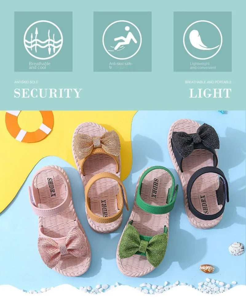 Kids Shoes Summer Girls Sandals Bow Non-slip Soft Soled Versatile Solid Korean Children Sweet Princess Shoes Beach Sandals