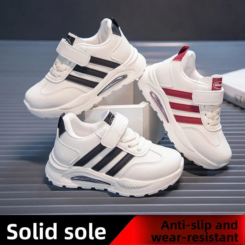 2026 New Spring Fall Sport Shoes for Boys Fashion Patchwork Stripes Dad Sneakers for Girls Black Khaki Gray Kids Trainers