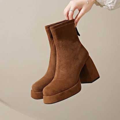 Women's Fashion High-heeled Boots Winter New British Style Soft Sole Anti-slippery Catwalk Versatile Keep Warm Leather Shoe