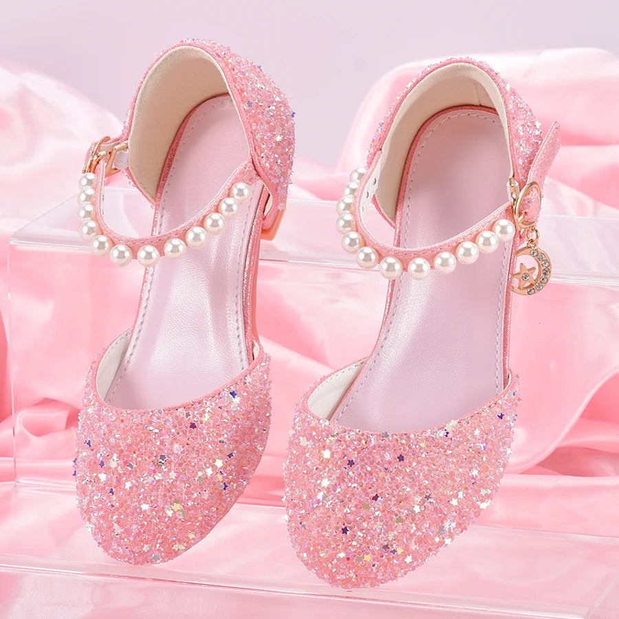 Girls' Princess Style High Heel Shoes With Shiny Star Pendant Decoration, Suitable For Dress And Birthday Party