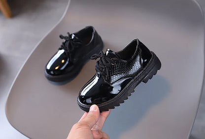Boys Performance Leather Shoes Spring and Autumn New 2023 Britain Style All-match Black Children's Fashion Black Lace-up Simple
