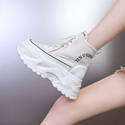 Women Sneakers High Top Platform Breathable Leather Shoes Autumn Ladies Wedges Casual Shoes For Woman Sports Dad Shoes 8CM