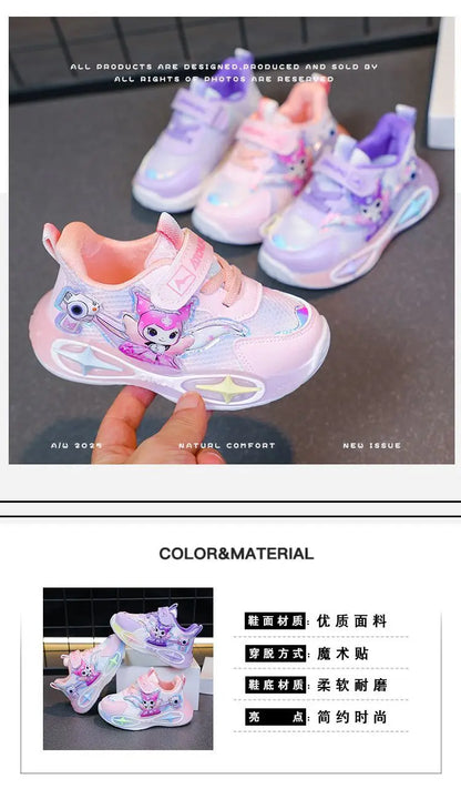 Sanrio Kuromi Girls Light Up Sneakers New Waterproof Leather Princess Running Casual Sports Shoes with Cotton Lined for Kids