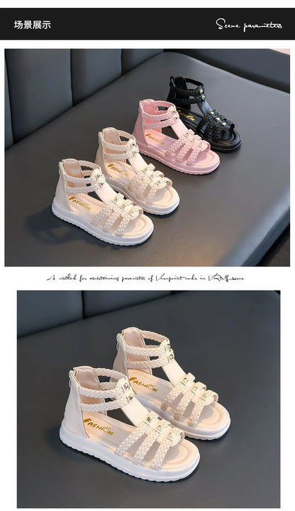 Kids Summer Sandals for Girls 2025 New Versatile Korean Style PU Soft Non-slip Flat Casual Weave Gladiator Sandals Princess Soft