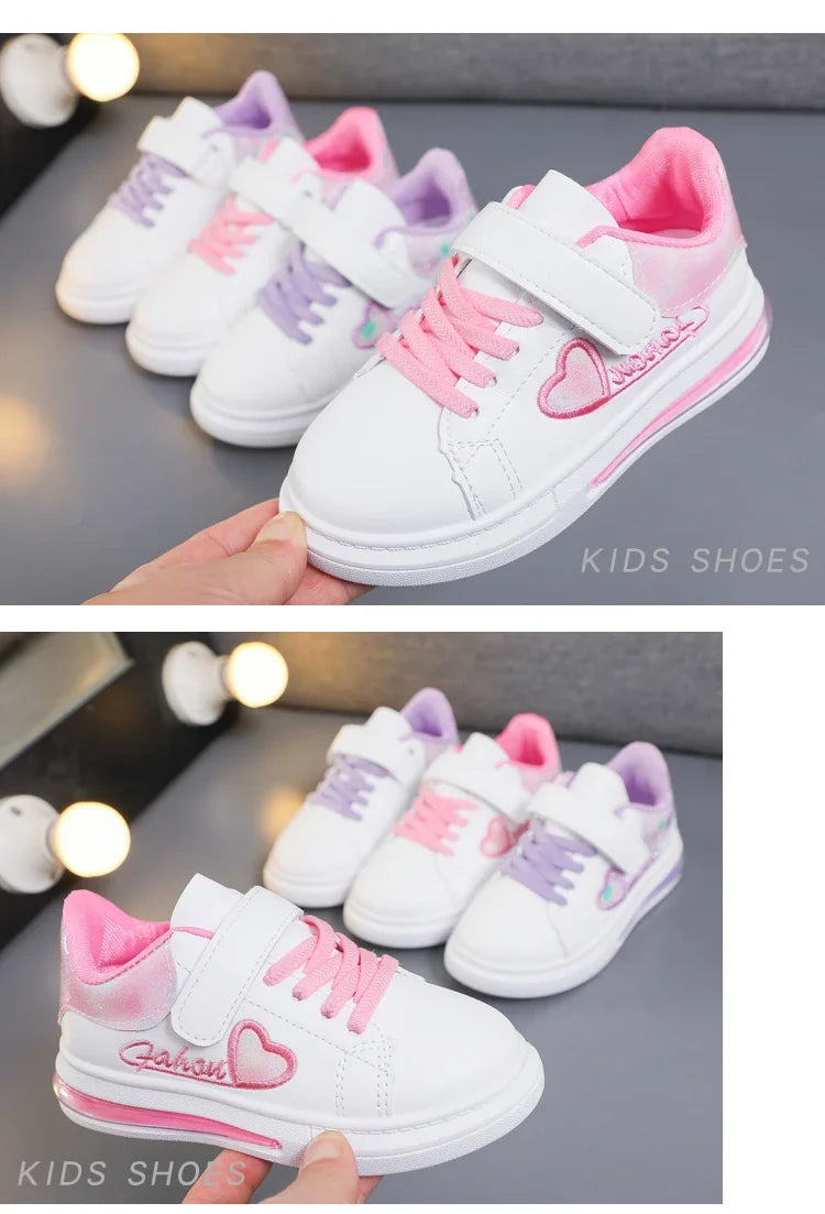 Children's Sneakers 2024 New Girls Love Embroidery Casual Shoes Fashion Leather Kids School Running Sports Shoes Soft Hook Loop
