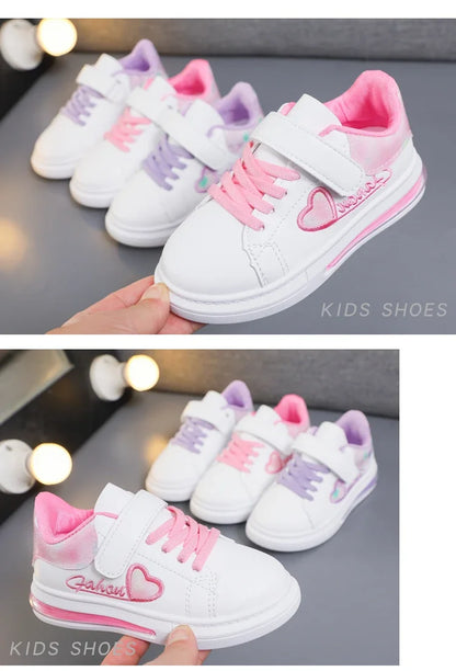 Children's Sneakers 2024 New Girls Love Embroidery Casual Shoes Fashion Leather Kids School Running Sports Shoes Soft Hook Loop