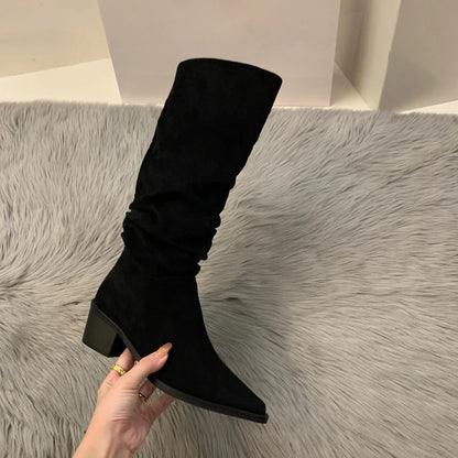 Women's Suede High-heeled Boots for Autumn and Winter, New Plush Pointed Stacking Boots, Fashionable Outdoor Knight Boots
