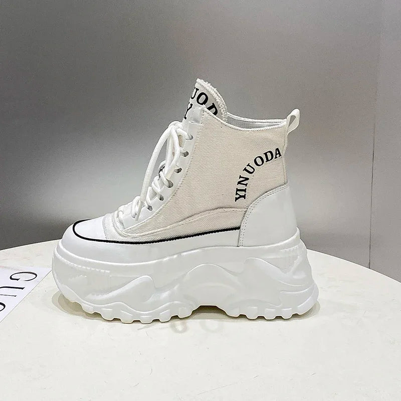 Women Sneakers High Top Platform Breathable Leather Shoes Autumn Ladies Wedges Casual Shoes For Woman Sports Dad Shoes 8CM