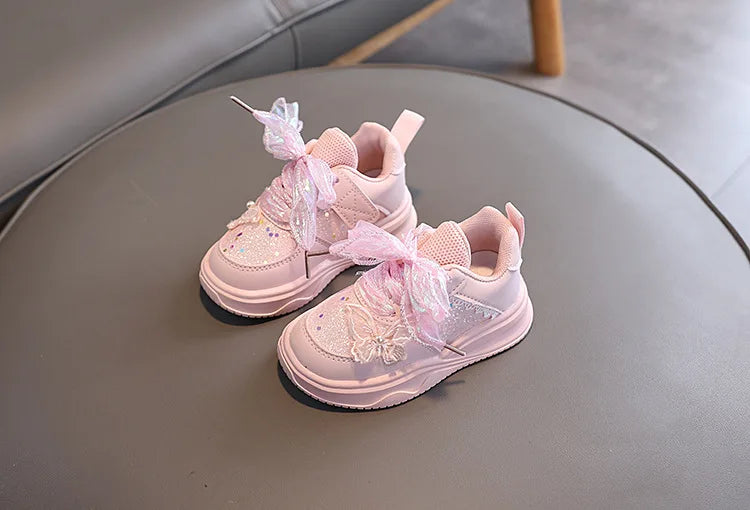 Baby Girl's Casual Sneakers for Spring Fall Shiny Sequins & Bow Ribbon Decor Sports Shoes Kids Skate Shoes