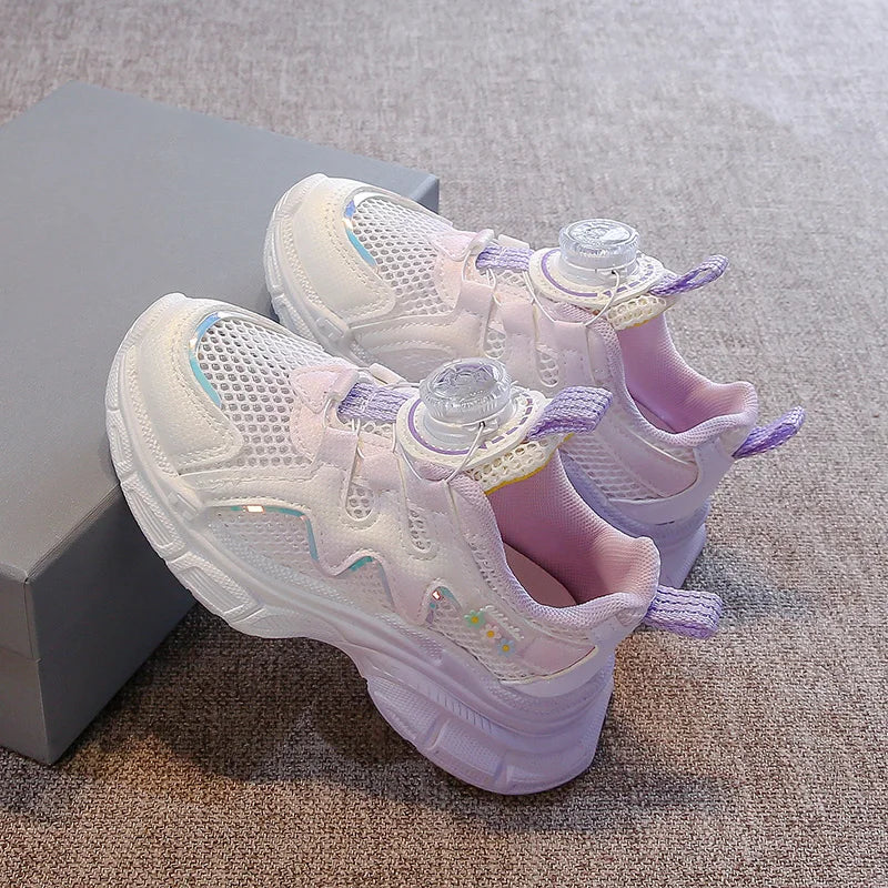 Girls Sneakers with Sweet Flowers Children Running Shoes Rotating Button New Kids Sports Shoes Princess Style Comfortable