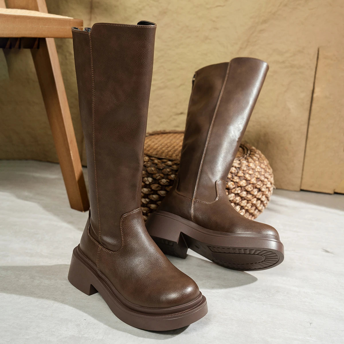 Women's New Knee-high Boots Fashionable Thick-soled Casual Punk Leather Waterproof Botas De Mujer Comfortable Women's Boots