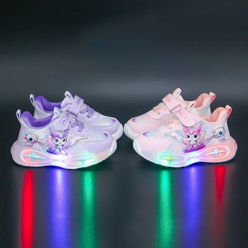 Sanrio Kuromi Girls Light Up Sneakers New Waterproof Leather Princess Running Casual Sports Shoes with Cotton Lined for Kids