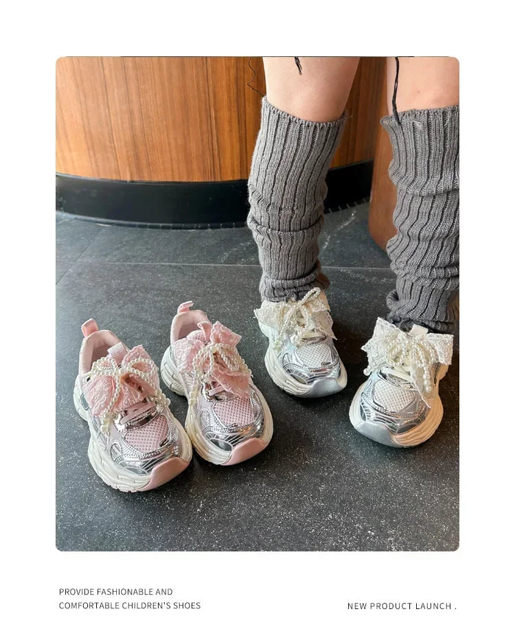 Girls Running Shoes with Sweet Mesh Bow Kids Sports Shoes Breathable New Fashion Children Sneakers Princess Style Cute
