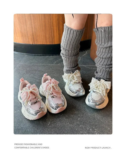 Girls Running Shoes with Sweet Mesh Bow Kids Sports Shoes Breathable New Fashion Children Sneakers Princess Style Cute