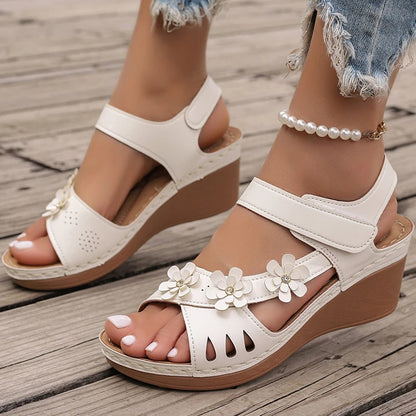 Women's Sandals New Wedges Heels Sandals For Summer Shoes Women Luxury Flower Sandalias Mujer Soft Heeled Summer Footwear