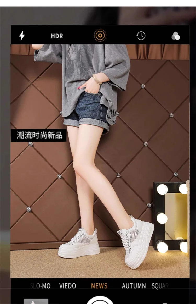Women's White Chunky Sole Sneakers – Breathable Mesh Shoes with Thick Platform and Air Cushion for Casual Wear