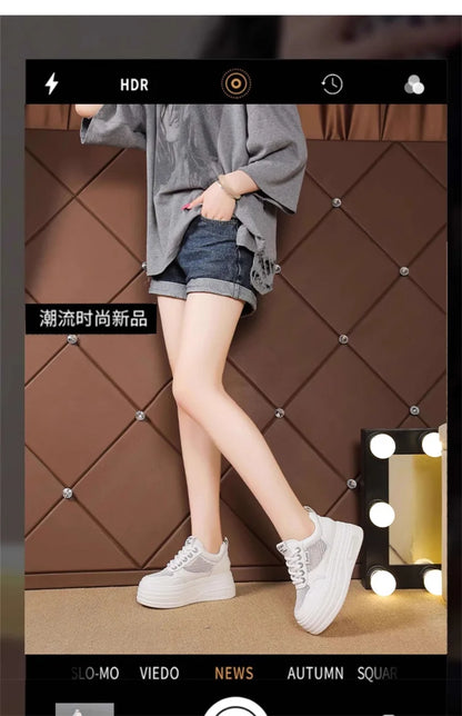 Women's White Chunky Sole Sneakers – Breathable Mesh Shoes with Thick Platform and Air Cushion for Casual Wear