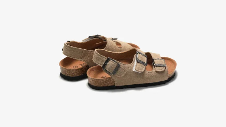 Boys Summer Soft Soled Cork Sandals Children One Line Herringbone Slippers Girl Beach Breathable Double Ring Buckle Casual Shoes