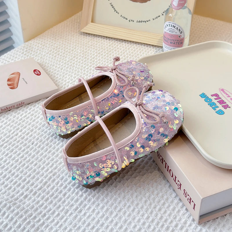 Girls Shoes Kids Glitter Leather Shoes for Wedding Stage Party Sequins Bling Shiny with Bow-knot Princess Soft Children's Flats