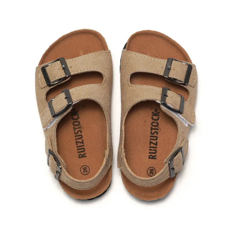 Boys Summer Soft Soled Cork Sandals Children One Line Herringbone Slippers Girl Beach Breathable Double Ring Buckle Casual Shoes